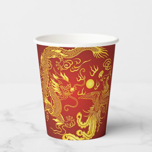 Golddragon Phoenix Chinesische Gastgeschenk Hochze Pappbecher (Rückseite)