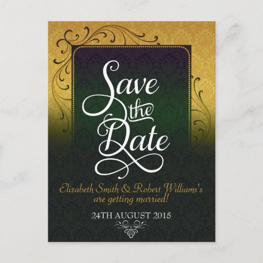 Golde Green Damask Elegante Save the Date Postkart Ankündigungspostkarte (Vorderseite)