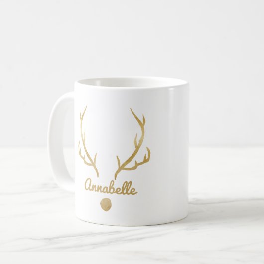 Goldeffekt Rentiert lustige Geweihe personalisiert Kaffeetasse (Vorderseite Links)