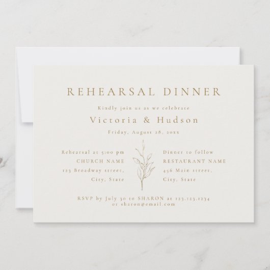 Goldeinfache botanische Blätter Probe Dinner invi Einladung (Vorderseite)