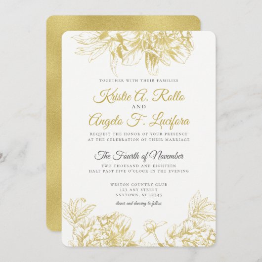 Goldelegante Hochzeits-mit Blumeneinladung Einladung (Vorne/Hinten)