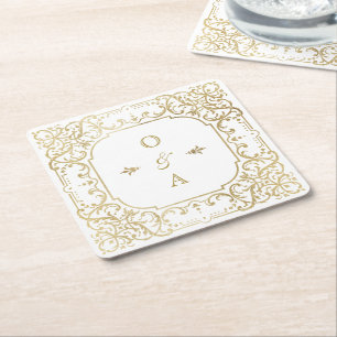 Goldelegantes verziertes Vintages Paar Monogramm Rechteckiger Pappuntersetzer