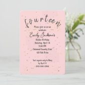 Golden 14. Geburtstag Golden Confetti Rosa Einladung (Stehend Vorderseite)