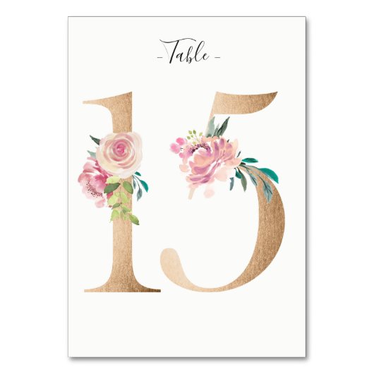 Golden 15 Floral Tischnummer Card (Vorderseite)
