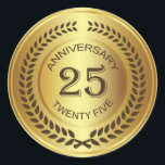 Golden 25. Jubiläum mit Lorbeerkranz-Aufkleber Runder Aufkleber<br><div class="desc">Retro Golden Effect 25. (Hochzeit oder Firma) Jubiläum mit Lorbeerheftsticker</div>