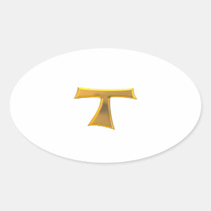 Golden 3-D Look Franciscan Tau Cross Ovaler Aufkleber