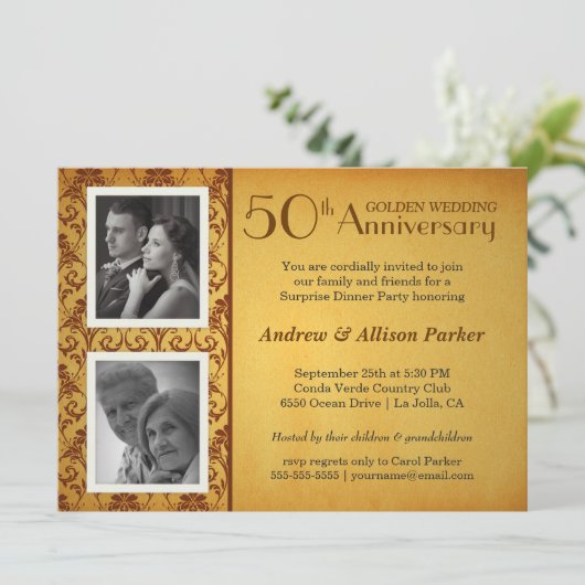 Golden 50 Jahre Jubiläum Damask 2 Fotos Einladung (Stehend Vorderseite)