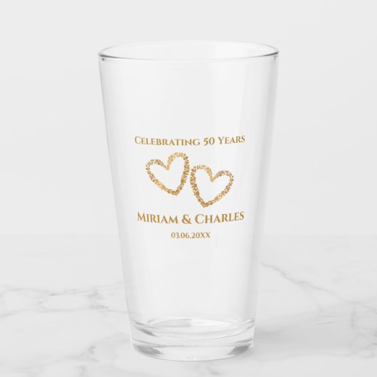 Golden 50 th Wedding Anniversary Heart Personalisi Glas (Vorderseite)