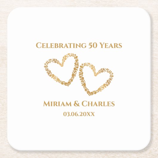 Golden 50 th Wedding Anniversary Heart Personalisi Rechteckiger Pappuntersetzer (Vorderseite)