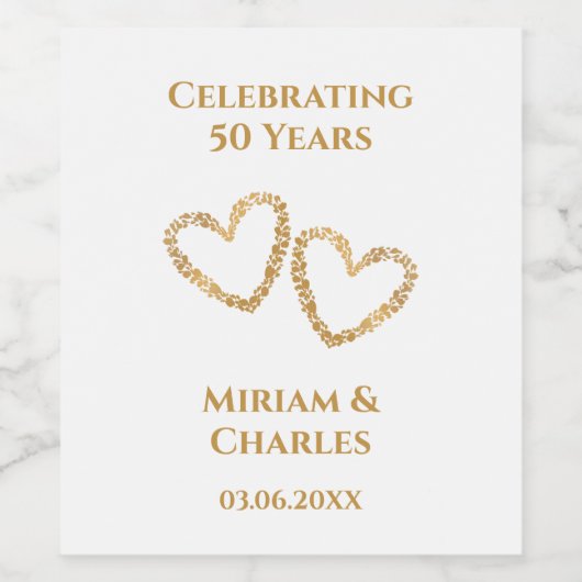 Golden 50 th Wedding Anniversary Heart Personalisi Weinetikett (Einzelnes Label)