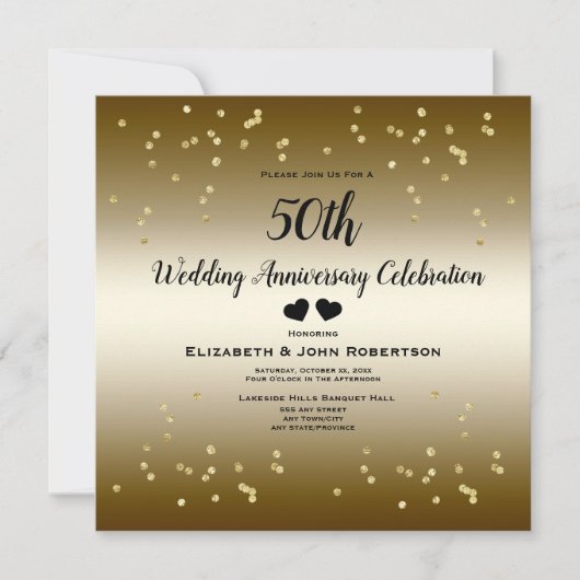 Golden 50. Wedding Anniversary Confetti Elegant Einladung (Vorderseite)