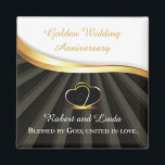 Golden 50. Wedding Religious Jubiläum Magnet<br><div class="desc">Dieses Gratulationsgeschenk ist der perfekte Weg, um ein Paar 50. Hochzeitstag mit einer religiösen Touch zu gedenken. Das Design besteht aus zwei Herzklingeln, die mit einem goldenen Aussehen auf einem schwarzen Hintergrund verwoben sind, was die anhaltende Liebe und das gegenseitige Engagement des Paares symbolisiert. Es ruft ein Gefühl göttlicher Gnade...</div>
