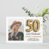 Golden 50 Years Birthday Photo Invitation Einladung (Stehend Vorderseite)