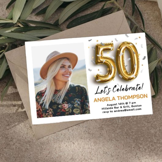 Golden 50 Years Birthday Photo Invitation Einladung