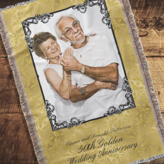 Golden 50th Wedding Anniversary Foto Monogram Decke