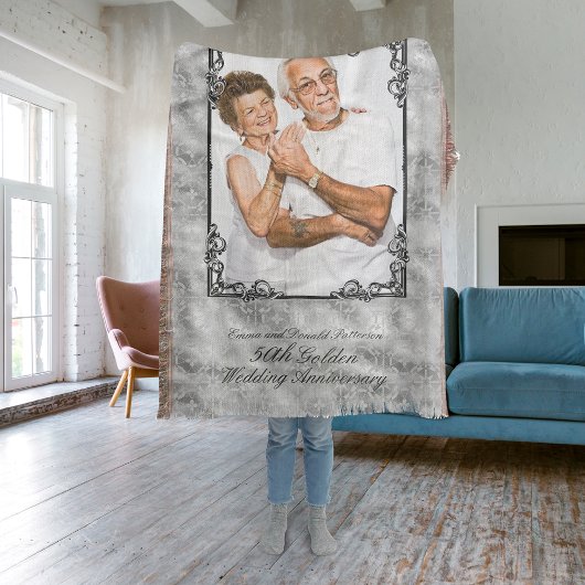 Golden 50th Wedding Anniversary Foto Monogram Decke
