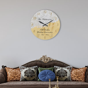 Golden 50th Wedding Anniversary Satin Lace Große Wanduhr