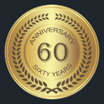 Golden 60. Jubiläum mit Lorbeerkranz-Aufkleber Runder Aufkleber<br><div class="desc">Retro goldener Effekt 60. (Hochzeit oder Firma) Jubiläum mit Lorbeerheftsticker</div>
