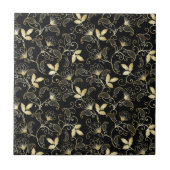 Golden Abstrakt Floral auf schwarzem Hintergrund Fliese (Vorderseite)