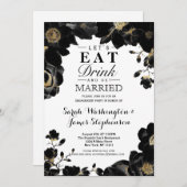 Golden Accented Black Floral Engagement Party Einladung (Vorne/Hinten)