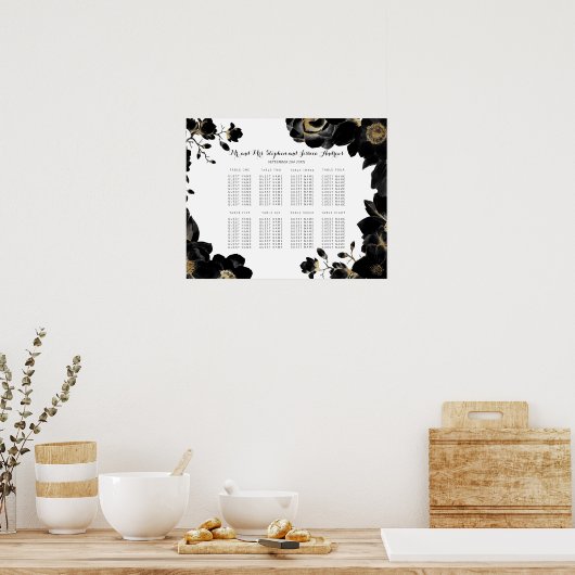 Golden Accented Black Floral Seating Chart Poster (Küche)