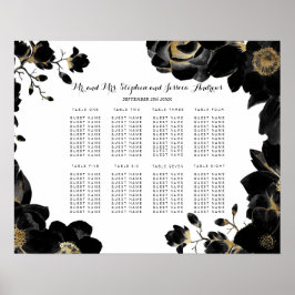 Golden Accented Black Floral Seating Chart Poster