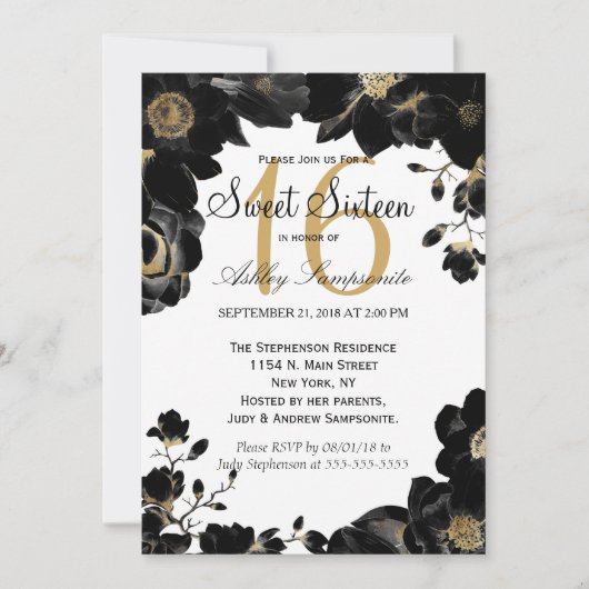 Golden Accented Black Floral Sweet 16 Einladungen (Vorderseite)