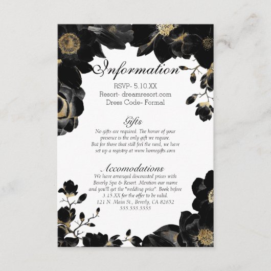 Golden Accented Black Floral Wedding Information Begleitkarte (Vorderseite)