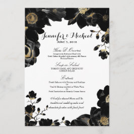 Golden Accented Black Floral Wedding Menu Menükarte