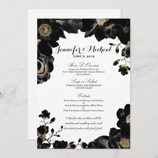 Golden Accented Black Floral Wedding Menu Menükarte (Vorne/Hinten)