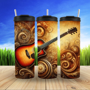 Golden Acoustic Guitar Abstrakte Kunst, Dichtung u Thermosbecher