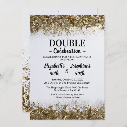 Golden Adult Joint Double Birthday Celebration Einladung (Vorne/Hinten)
