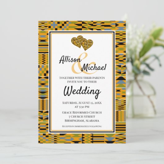 Golden African Kente K46 Einladung zur Hochzeit (Stehend Vorderseite)