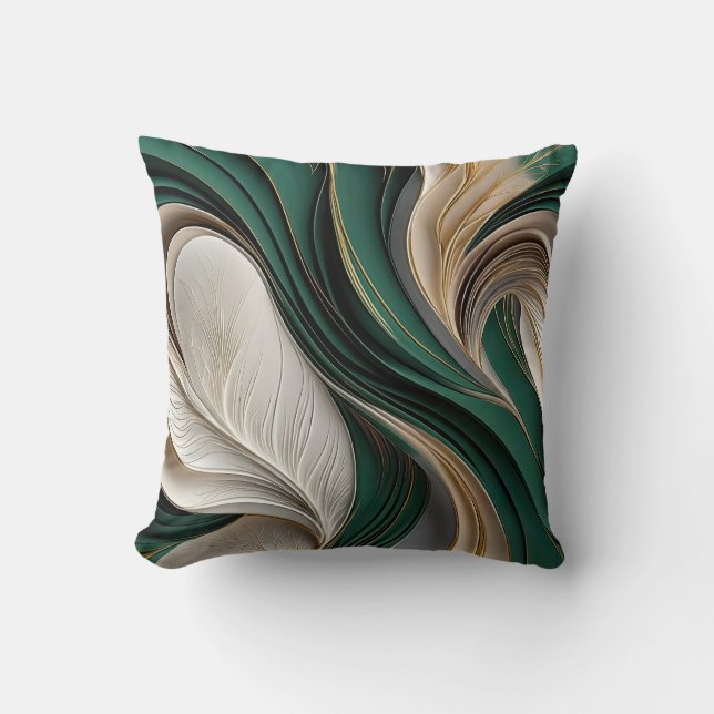 Golden Air – Emerald & Gold Flowing Abstract Kissen (Vorderseite)