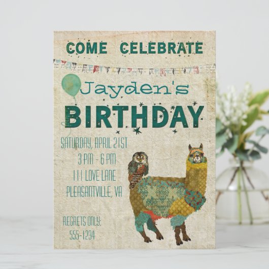Golden Alpaca Aquamarin Owl Geburtstag Einladung (Stehend Vorderseite)