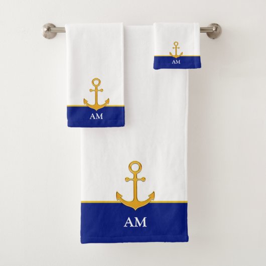 Golden Anchor & Monogram auf blau-weiß Badhandtuch Set (Insitu)