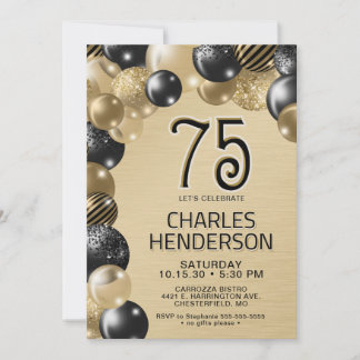 Golden and Black Balloons 75. Geburtstag Einladung