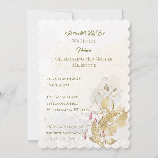 Golden and Blush Bloral 50. Geburtstag Einladung (Vorderseite)