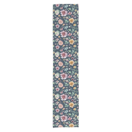 Golden and Mauve Blume auf Dunkelblau Kurzer Tischläufer (Vorderseite)