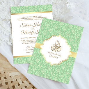 Golden and Mint Green Damask Islamische Hochzeit Einladung