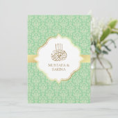Golden and Mint Green Damask Islamische Hochzeit Einladung (Stehend Vorderseite)