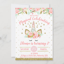 Golden and peach Unicorn Face Birthday Einladung