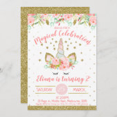 Golden and peach Unicorn Face Birthday Einladung (Vorne/Hinten)