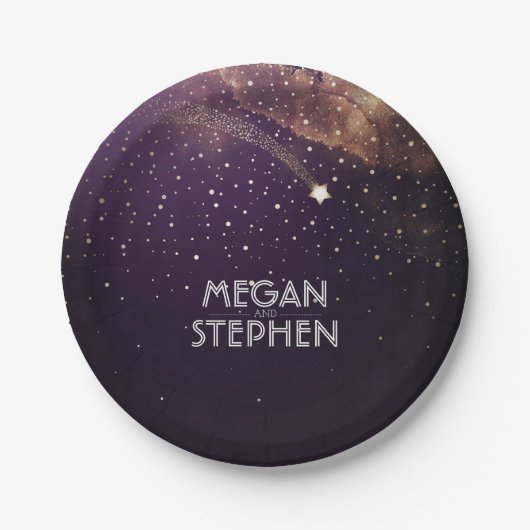 Golden and Plum Shooting Star Night Wedding Pappteller (Vorderseite)