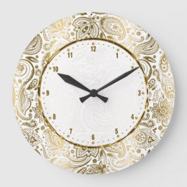 Golden and White Floral Paisley Große Wanduhr
