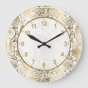 Golden And White Floral Paisley Large Clock Große Wanduhr