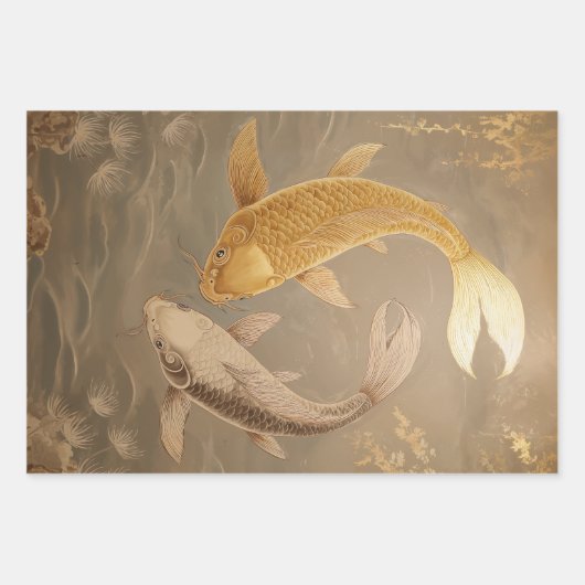 Golden and White Koi Fish Japanisches Wrapping Pap Geschenkpapier Set (Vorderseite)