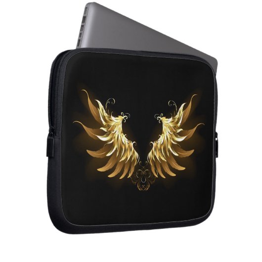 Golden Angel Wings auf schwarzem Hintergrund Laptopschutzhülle (Vorne Rechts)