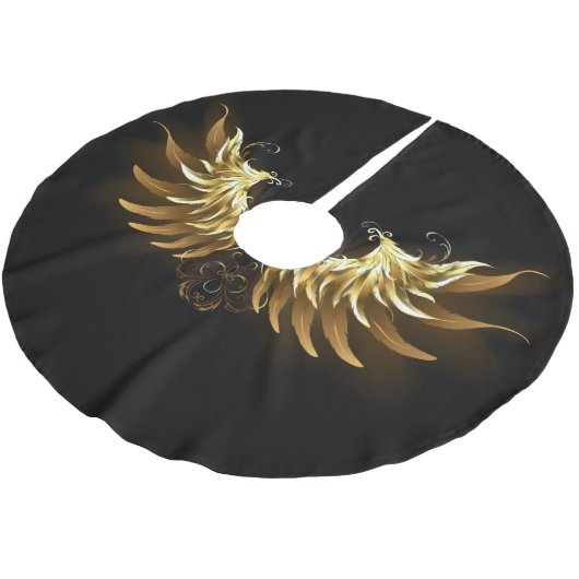 Golden Angel Wings auf schwarzem Hintergrund Polyester Weihnachtsbaumdecke (Schrägansicht)