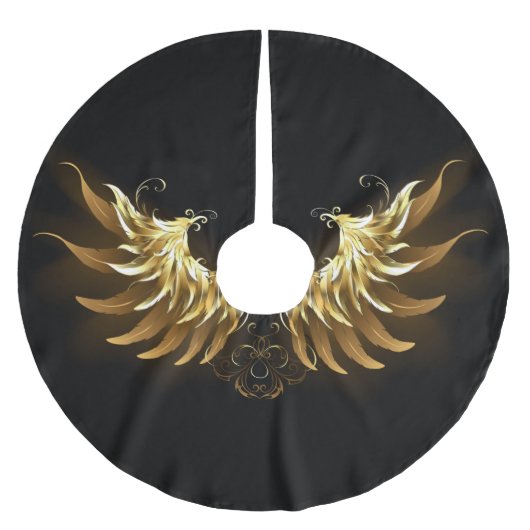 Golden Angel Wings auf schwarzem Hintergrund Polyester Weihnachtsbaumdecke (Vorderseite)